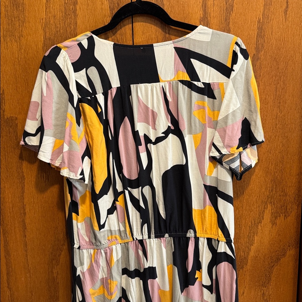 Abstract Print Pink, Mustard & Black Wrap-Front Women's Dress - Picture 6 of 7